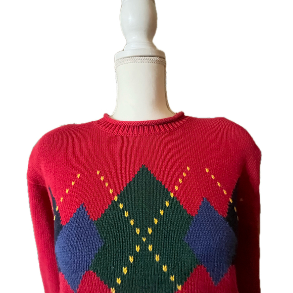 Lizsport Vintage 90s Red Argyle Sweater Old Money Prep Christmas Medium - Picture 4 of 6